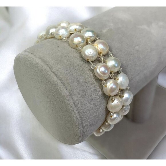 Genuine Pearl Dual Strand Braided Stretch Bracelet Regency White Coin Pearls OS - Picture 1 of 5